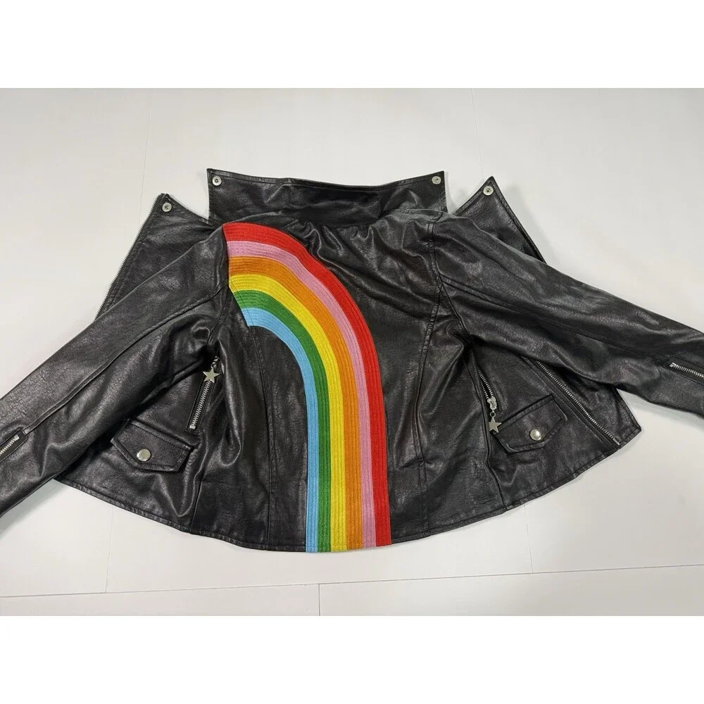 Lola + The Boys Girls Faux Leather Moto Jacket Size 8 Black Rainbow